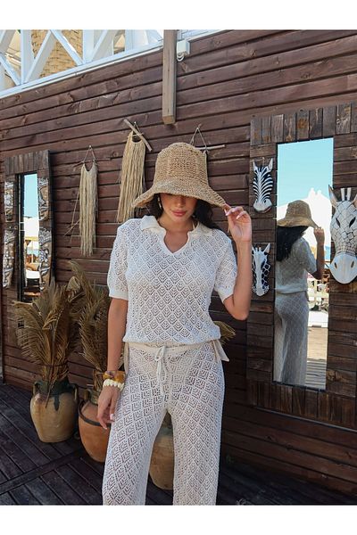 ESRAHELVACI Openwork Knitted Short Sleeve Trousers Set
