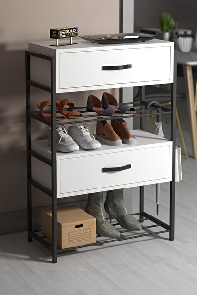 GOLDFALEZ Ayakkabılık Ahşap 2 Kapaklı Metal Raflı 4 Katlı Çok Amaçlı Beyaz