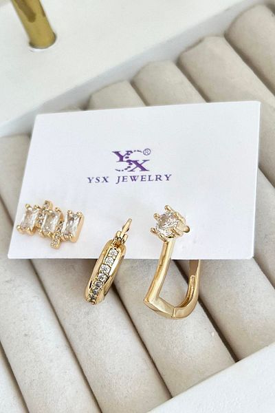 TAKIŞTIR مجموعة أقراط YSX مكونة من 3 قطع مع تفاصيل حجرية ذهبية اللون