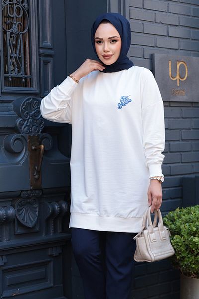N.S NEVA STYLE Pattern Detailed Ecru Hijab Tunic 10653E