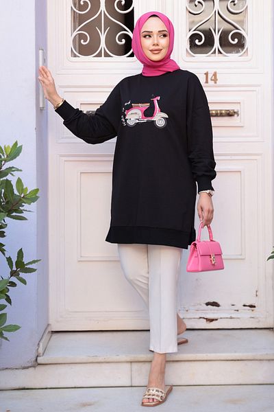 N.S NEVA STYLE Patterned Black Hijab Tunic 10636S