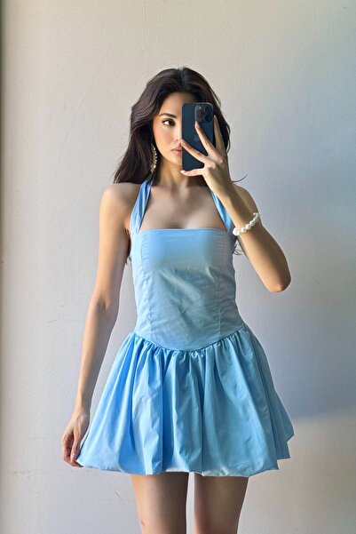 Eka Γυναικείο μπλε φόρεμα με κορδόνια με μπαλόνι 1026-221709