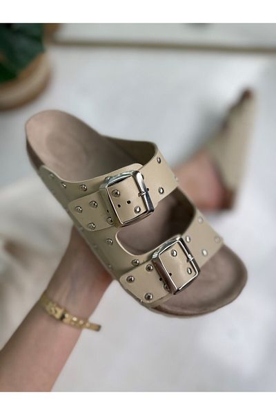 Nstil Daily Women's Beige Slippers Double Buckle Metal Detailed Soft Orthopedic Cork Sole Shoes 118