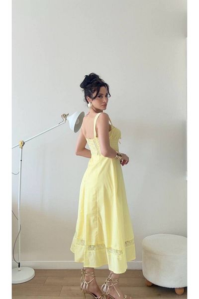 LOCH BUTİK Women's Yellow Strap Lace Detailed Midi Dress