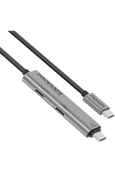 Promate كابل 3 في 1 من النوع C مع موصل USB-C شحن 100 وات، نقل سريع للبيانات، شحن فعال