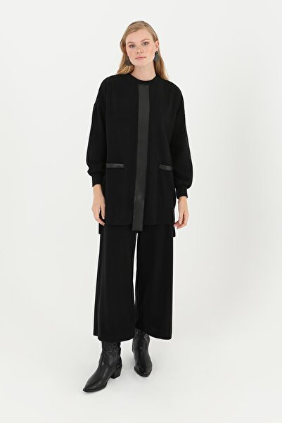 Puane Ön Deri Çizgi Detaylı Bol Paça Pantolonlu Takım Triko