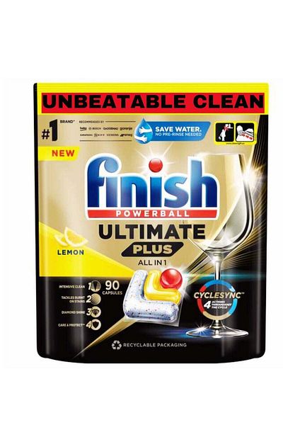Finish Ultimate Plus Dishwasher Detergent Descaler All in One Lemon Sparkle, 90 Tablets/Pods