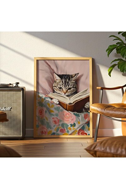 woodhomeworks Kitap Okuyan Kedi Tek Parça Salon Ofis Dekor Tablo Ttk