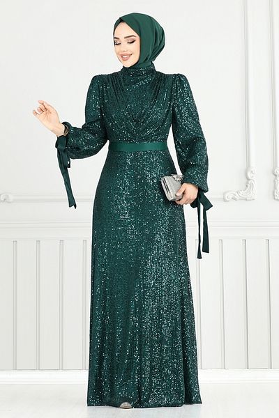 ModaMerve Βραδινό φόρεμα Hijab με κορδόνια μανσέτας 5690END900-M Emerald