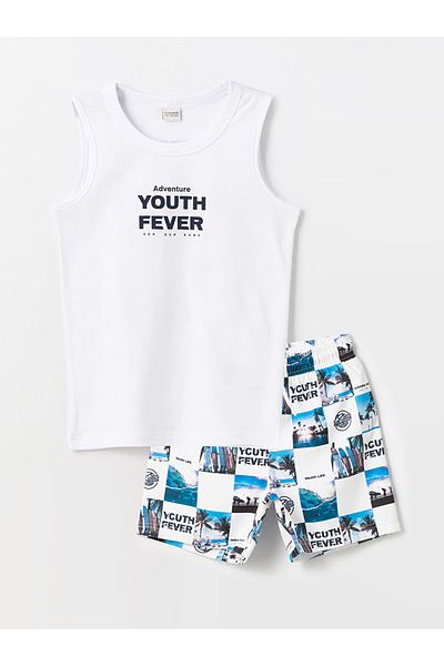 LC Waikiki White Crew Neck Boys' 100% Cotton Singlet and Swim Shorts