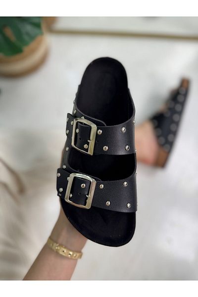 Nstil Daily Women's Black Slippers Double Buckle Metal Detailed Soft Orthopedic Cork Sole Shoes 118