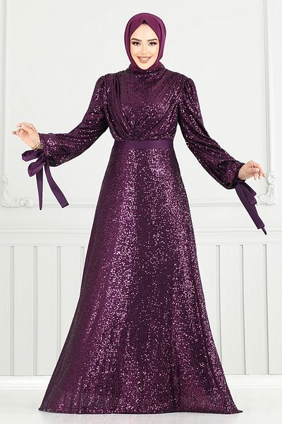 ModaMerve Βραδινό φόρεμα Hijab με κορδόνια μανσέτας 5690END900-M Plum