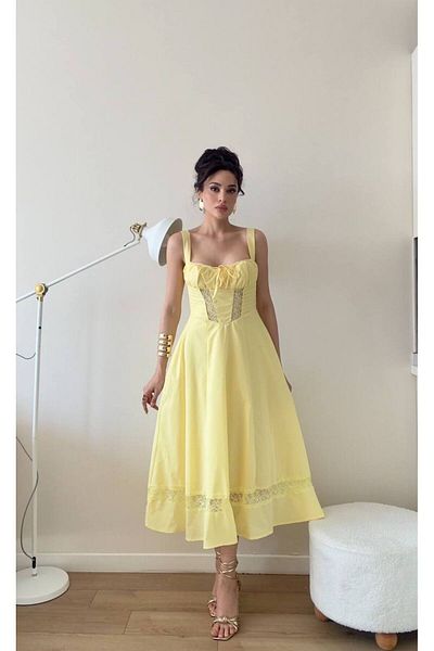 LOCH BUTİK Women's Yellow Strap Lace Detailed Midi Dress