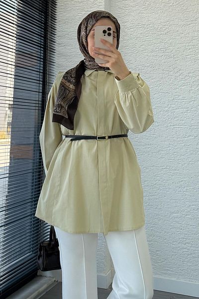 MELEK ARAZ Belt Detailed Poplin Tunic Shirt - Mold Green