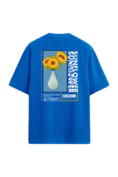 Colermi تي شيرت أزرق كبير الحجم مطبوع عليه ظهر صيفي من عباد الشمس