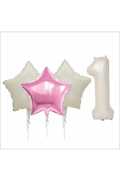 ZENVİVA 1 Year Old Beige Color Foil Balloon, 1 Piece Pink, 2 Pieces Beige Star Foil Balloon