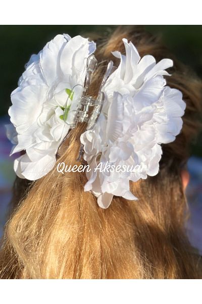 QUEEN AKSESUAR Trend Envy Big Artificial Peony Rose Flower White Clothespin Clip Buckle Women's Buckle