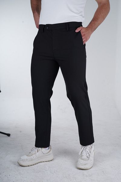 Geco Men's Black Quality Stretchy Lycra Ankle Length Relaxed Fit Slim Fit Fabric Pants