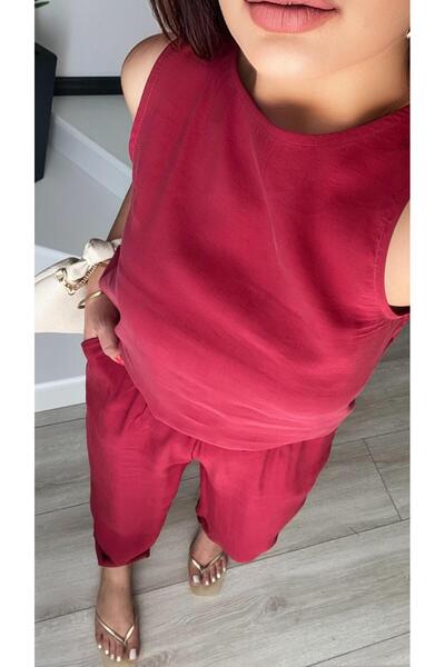 Oslove Orj.Brand Red Modal Fabric Sleeveless Blouse-Pants Suit