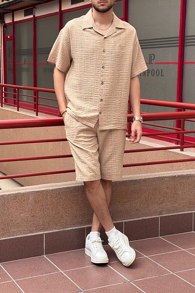 inpool Men'S, Seersucker, Summer, Loose Fit, Linen Blend, Shirt-Shorts Set 297-g13