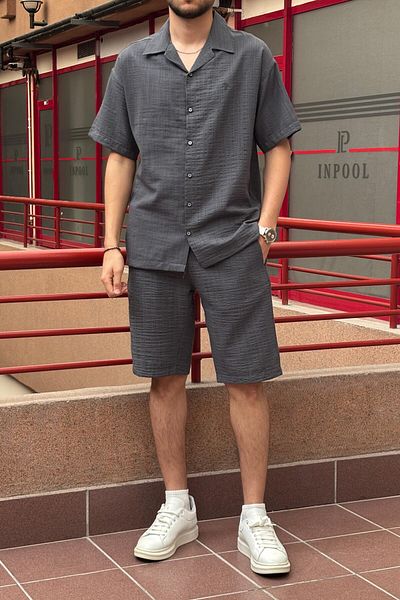inpool Men'S, Seersucker, Summer, Loose Fit, Linen Blend, Shirt-Shorts Set 297-g13