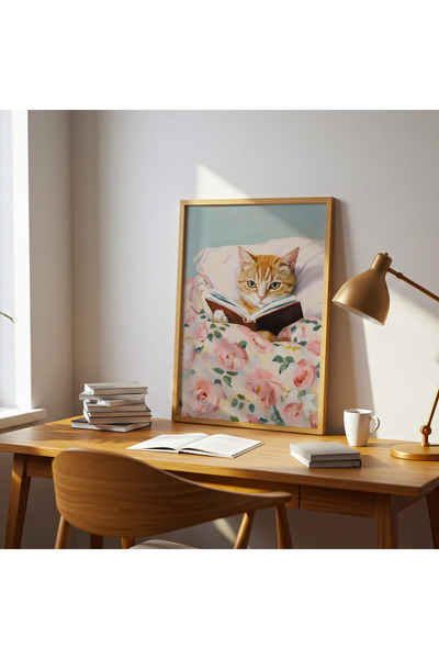 woodhomeworks Tek Parça Kitap Okuyan Turuncu Tekir Kedim Salon Ofis Dekor Tab...