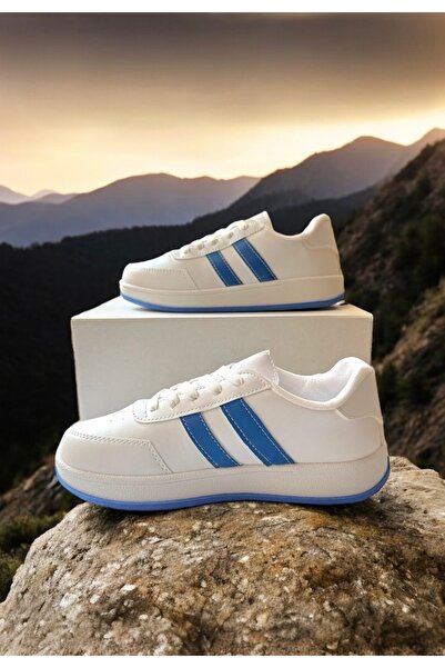 Trendova Beyaz-Saks Mavi İki Bantlı Unisex Günlük Hafif Taban Sneaker Spor Ayakkabı