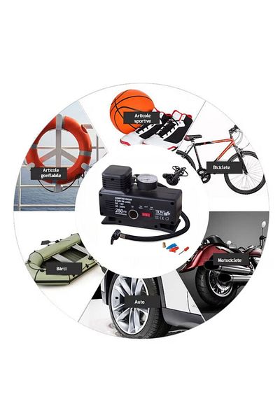 varioshop Compresor auto VarioShop®, 12v/220V, 17 bar, cu indicator de presiune, Ideal pentru pomparea rotilo