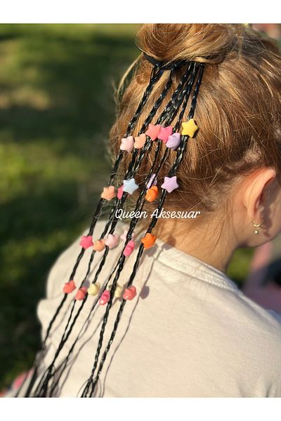 QUEEN AKSESUAR Colorful Colorful Star Beaded Fancy Braid Hair Children's Rubber Buckle Hairpiece Black Fake Hair