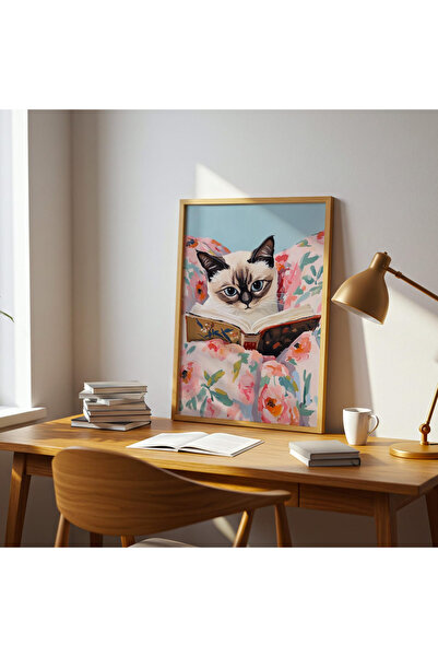woodhomeworks Tek Parça Kitap Okuyan Siyam Kedi Salon Ofis Dekor Tablo Ttk