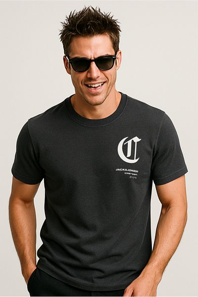 Jack & Jones Men's Crew Neck Logo Printed T-Shirt Asphalt Black