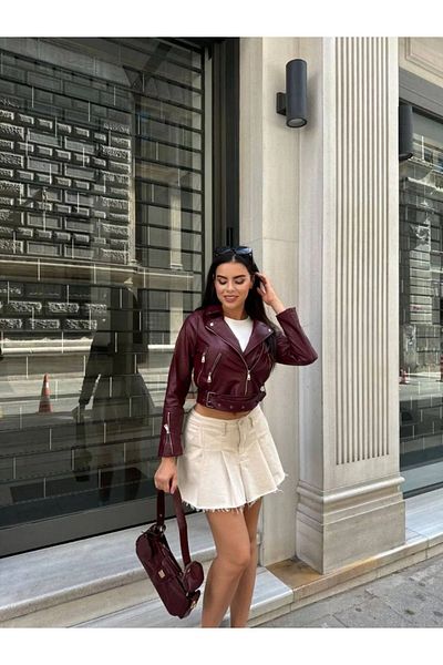 Mulunstyle Jachetă de damă din piele bordeaux cu fermoar și detaliu curea