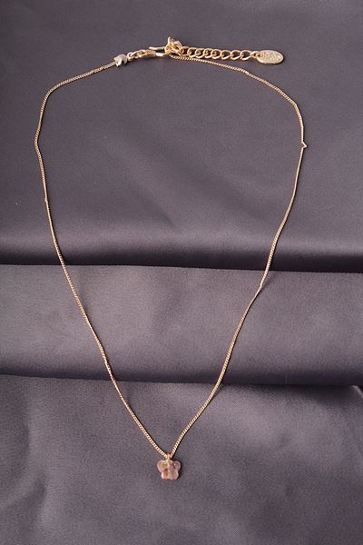 Clariss Gold Color Metal Zircon Stone Pink Minimal Butterfly Detailed Women's Necklace