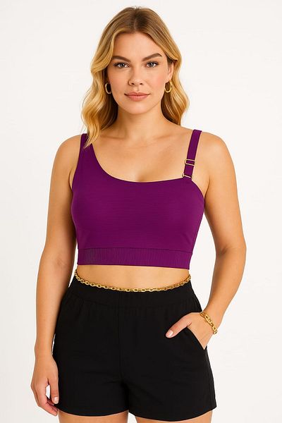 enmodaiçgiyim Μωβ μπλουζάκι μπικίνι με έναν ώμο Plus Size για γυναίκες – Κομψό, χωρίς στήριγμα, με ραβδώσεις