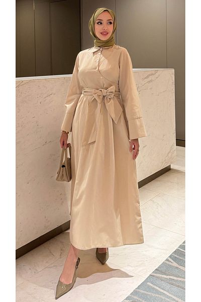 Tesettür Diyarı Women's Spanish Sleeve Tie Detailed Dress - Beige