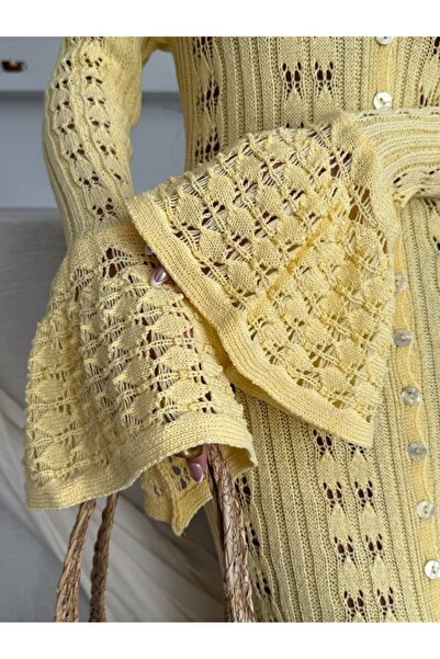 KUPAKIZI Kadın Sarı Düğmeli Uzun Plaj Elbisesi