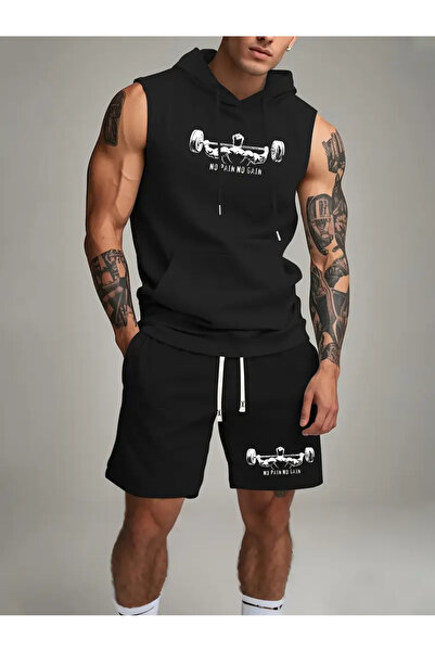 LAYORA Men's Sleeveless Shirt and Shorts -- Red Weight Lifting Hoodie, Black Pocket Shorts, Sportswear