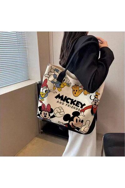 Emre Bebe Mickey and Friends Printed Zippered Canvas Shoulder Bag - Disney Themed Daily Bag