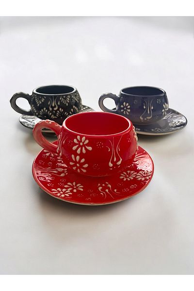 Artistic Quality Decorative Stylish Design Fully Handmade Red, Navy Blue and Black Coffee Cup for 3 People