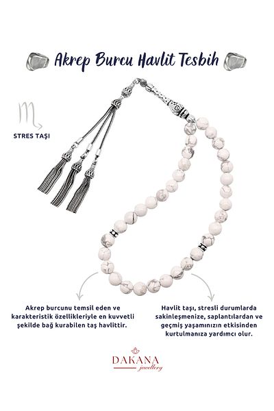 DAKANA JEWELLERY Certified Howlite Stone Scorpion Sign Silver Natural Stone Prayer Beads