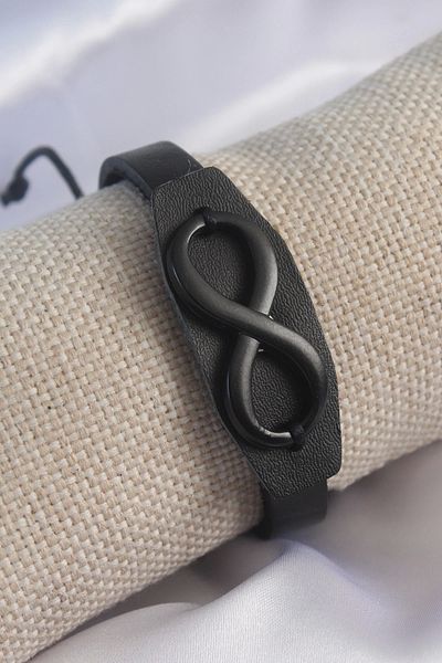 Clariss Black Leather Black Infinity Sign String Men's Bracelet