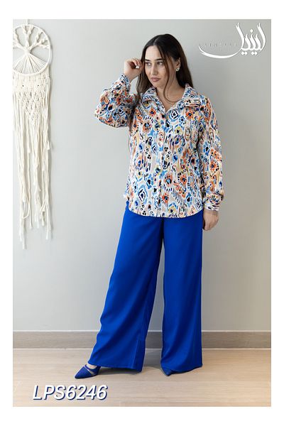 LINELLE Co-ord Set - Blue Pant and Abstract Printed Shirt in Satin Blend.