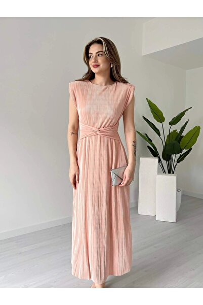 Lusin Women's Powder Stylish Waist Detailed Padded Lined Summer Dress