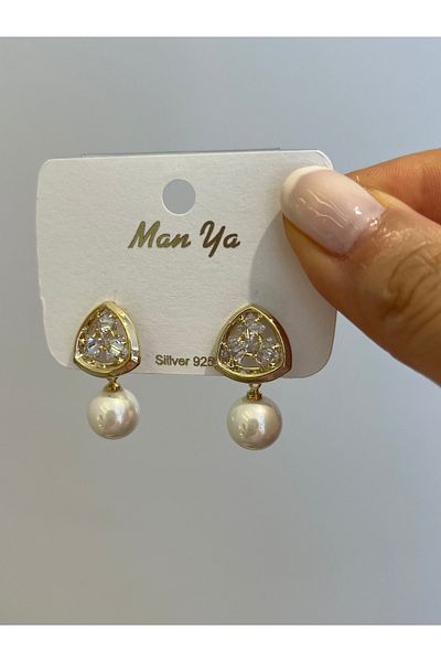BEREN KILIÇ Gold Edge Zircon Stone Pearl Earrings Steel Earrings