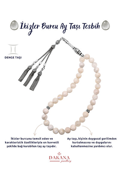 DAKANA JEWELLERY Sertifikalı Ay Taşı İkizler Burcu Gümüş Doğal Taş Tesbih