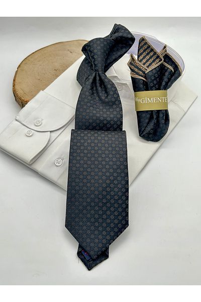 Gutiero Black Patterned Classic Tie with Handkerchief