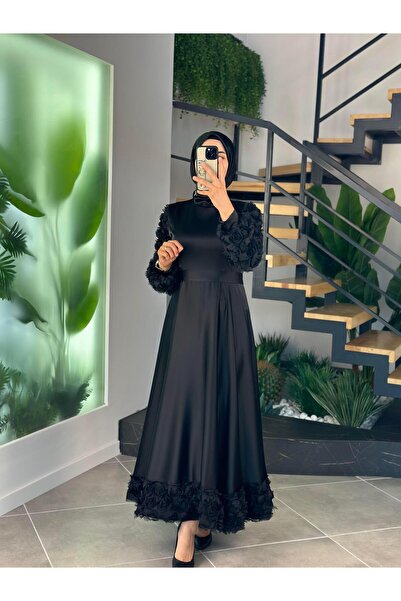 BÜRDE Gül İşlemeli Siyah Renk Kadın Saten Abiye