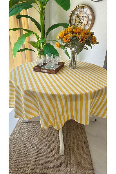 Decamor home Worry-Free Stain-Proof Yellow Striped Round Tablecloth