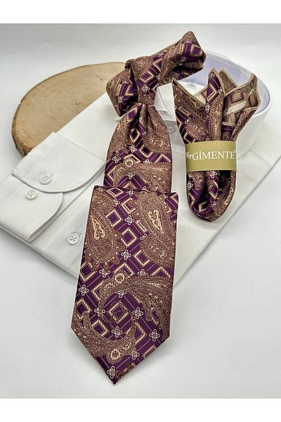 Gutiero Classic Tie with Purple Paisley Patterned Handkerchief