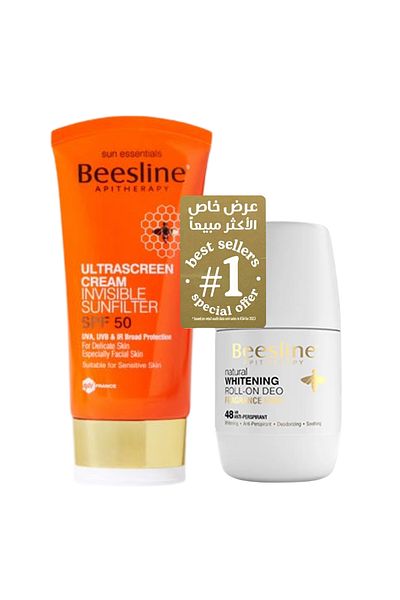 Beesline عبوة مزدوجة، واقي شمس ألترا سكرين بعامل حماية من الشمس 50، 60 مل + مزيل عرق رول مبيض، خالٍ من العطور، 50 مل